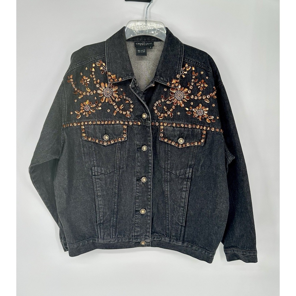 Jean Denim Jacket Carol Little Sport Rhinestone Embellished Sz 4 Black